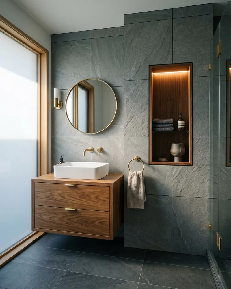 A guest bathroom with large format stone tile and a floating oak vanity