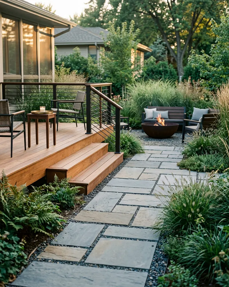 A bluestone path and cedar deck behind a house at golden hour