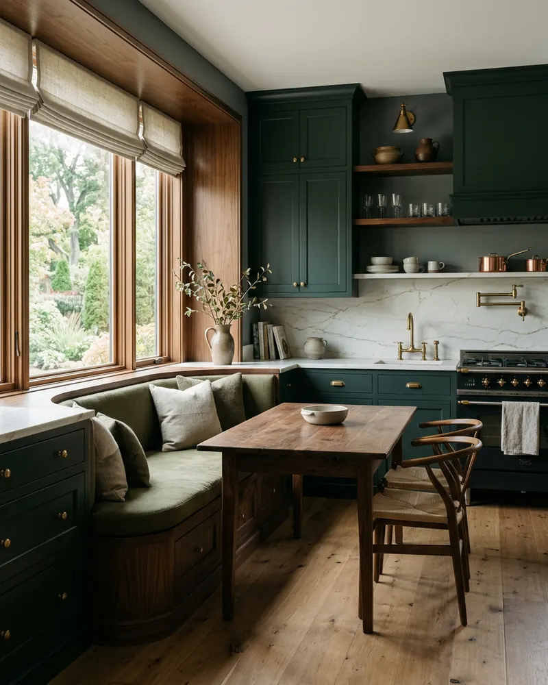A dark green kitchen with brass hardware and a built-in window banquette