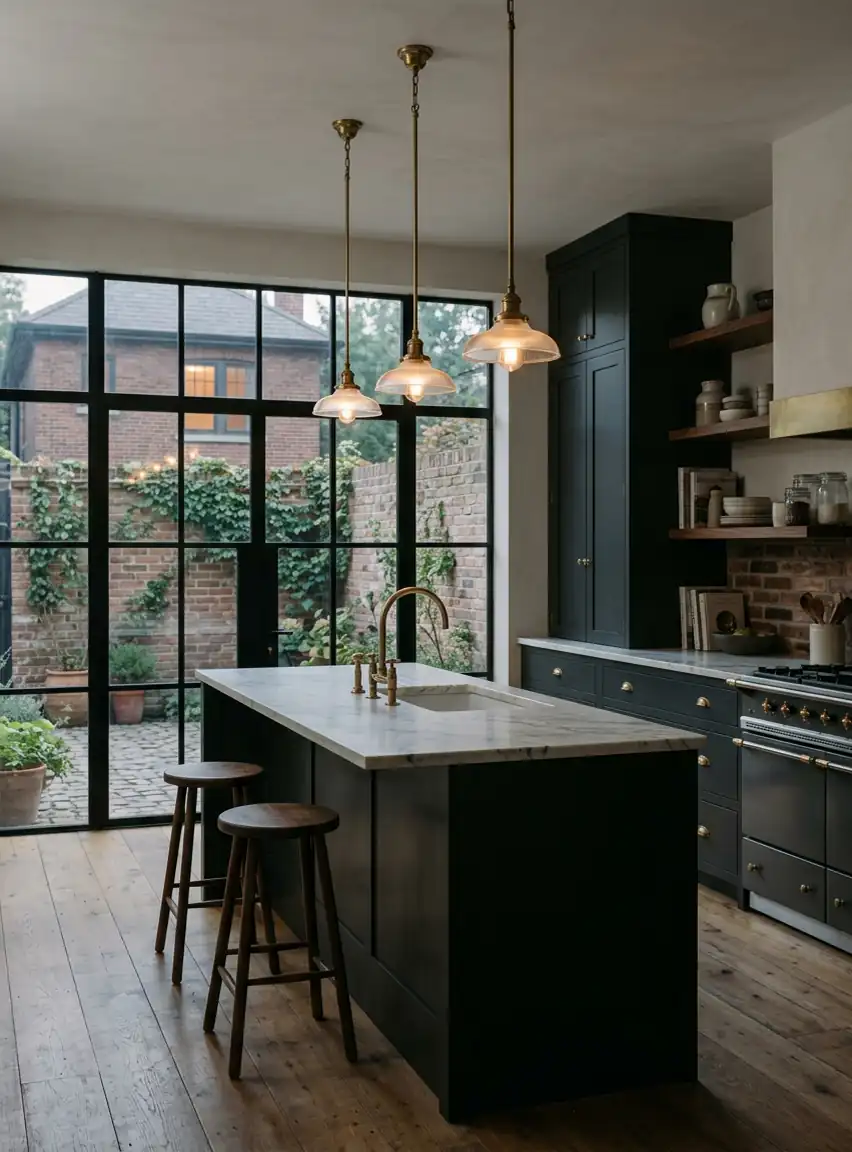 A renovated kitchen at dusk with dark cabinetry, a marble island, brass pendants, and a steel framed window
