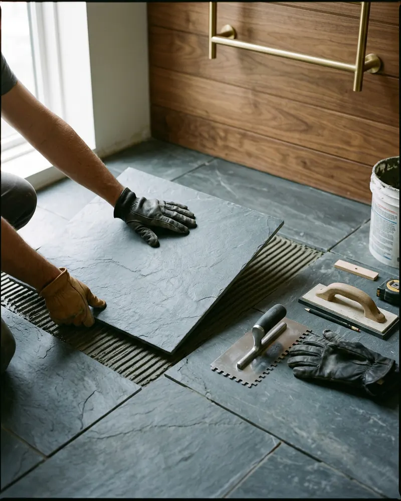 A tile setter bedding a large stone tile with a notched trowel