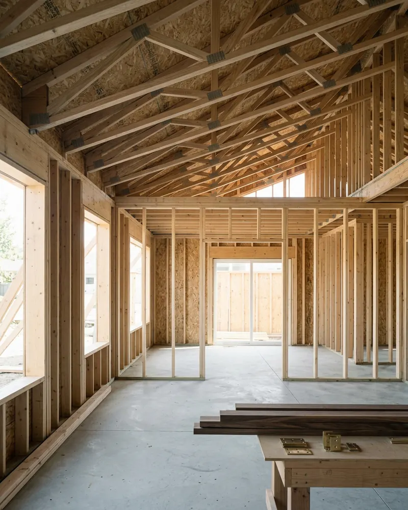New framing and roof trusses inside a home addition under construction
