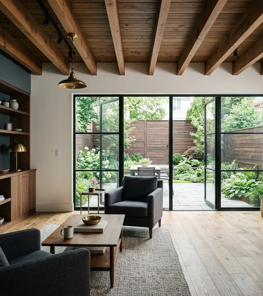 The inside of a new rear addition with an exposed beam ceiling and glass doors to a backyard