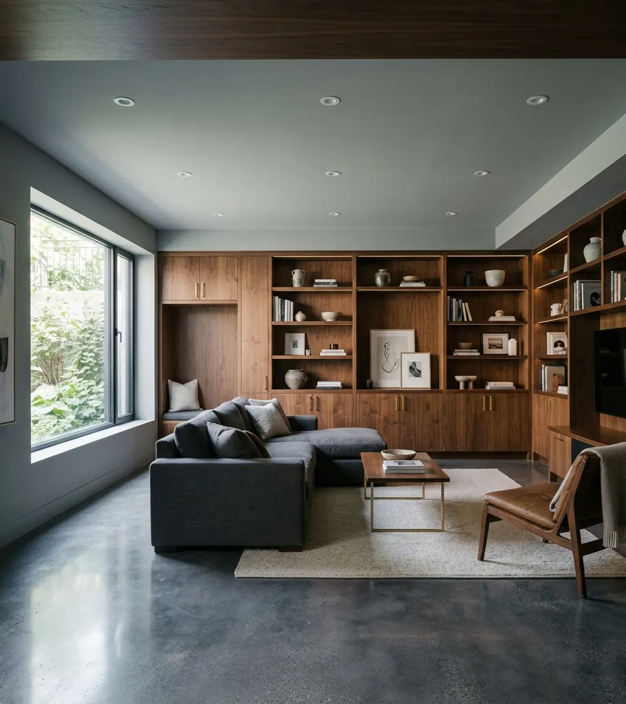 A finished lower level family room with built-in shelving and recessed lighting