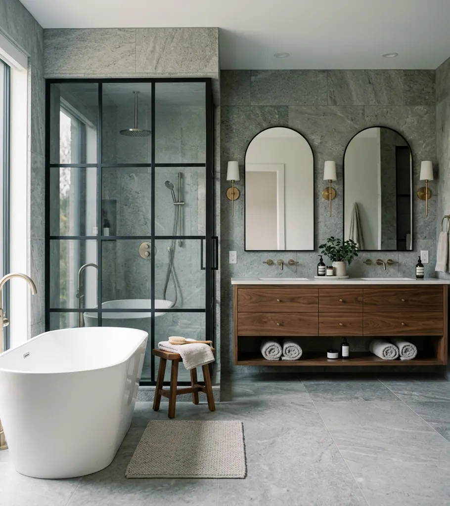 A finished bathroom with a freestanding tub, stone tile walls, and a walnut vanity