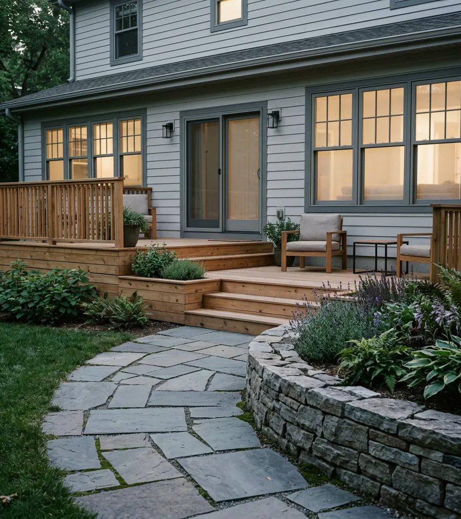 A new cedar deck and paver walkway behind a house with a low stone retaining wall