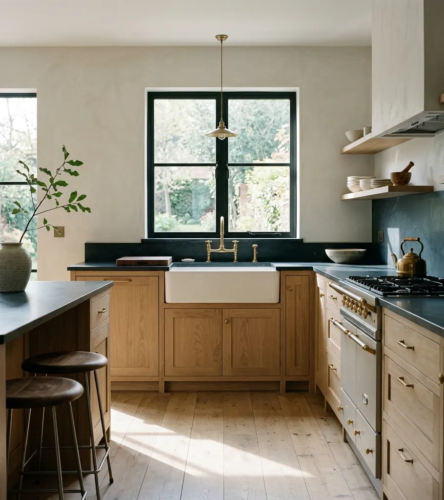 A finished kitchen with white oak cabinets, stone counters, and a deep apron sink in morning light