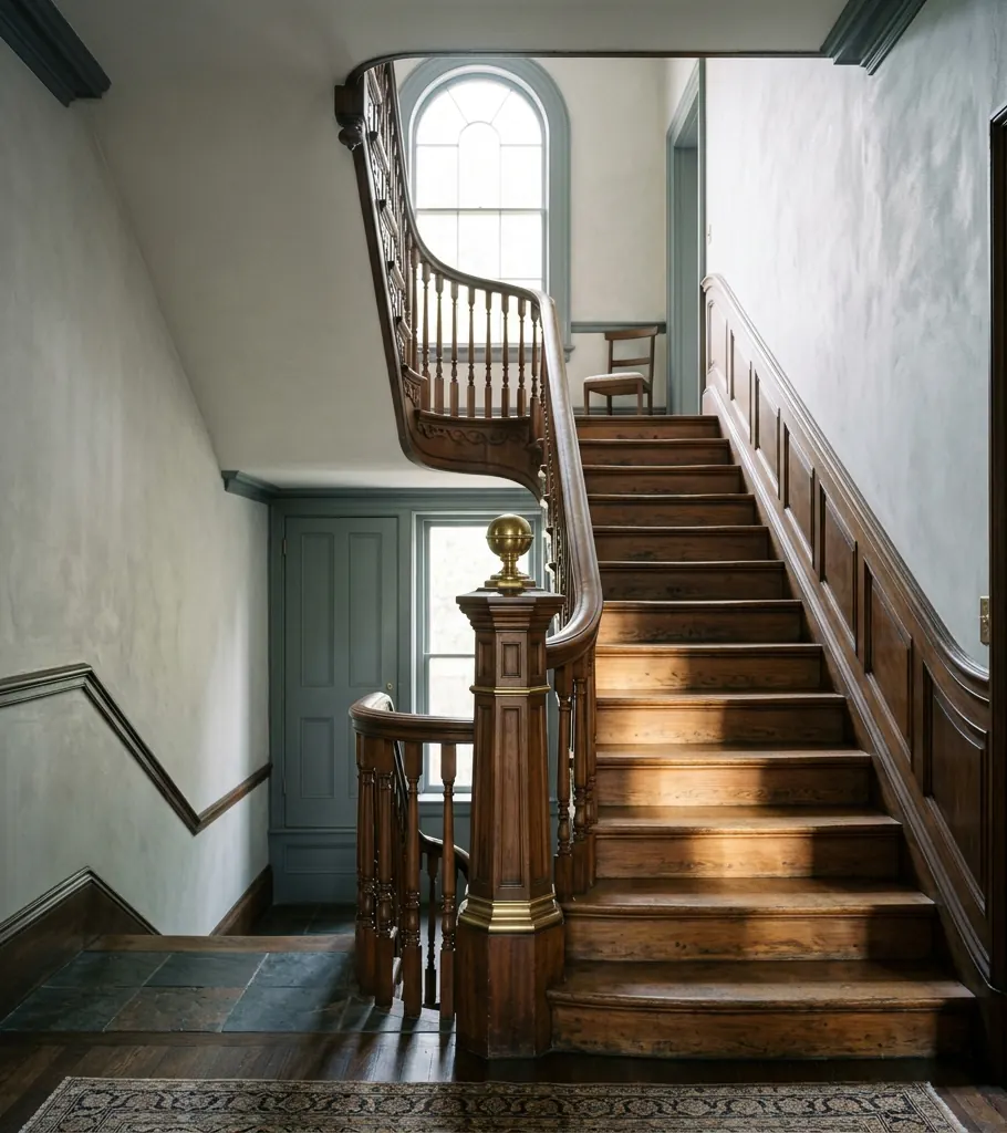 A restored staircase and entry hall with original trim