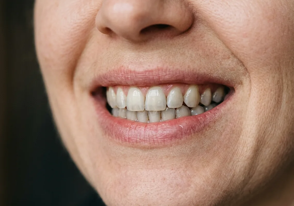 Close up of a smile with dull unevenly shaded front teeth before whitening
