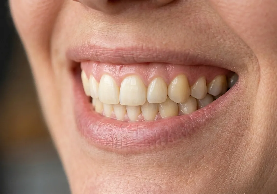 The same lower tooth row with the gap closed by an implant crown