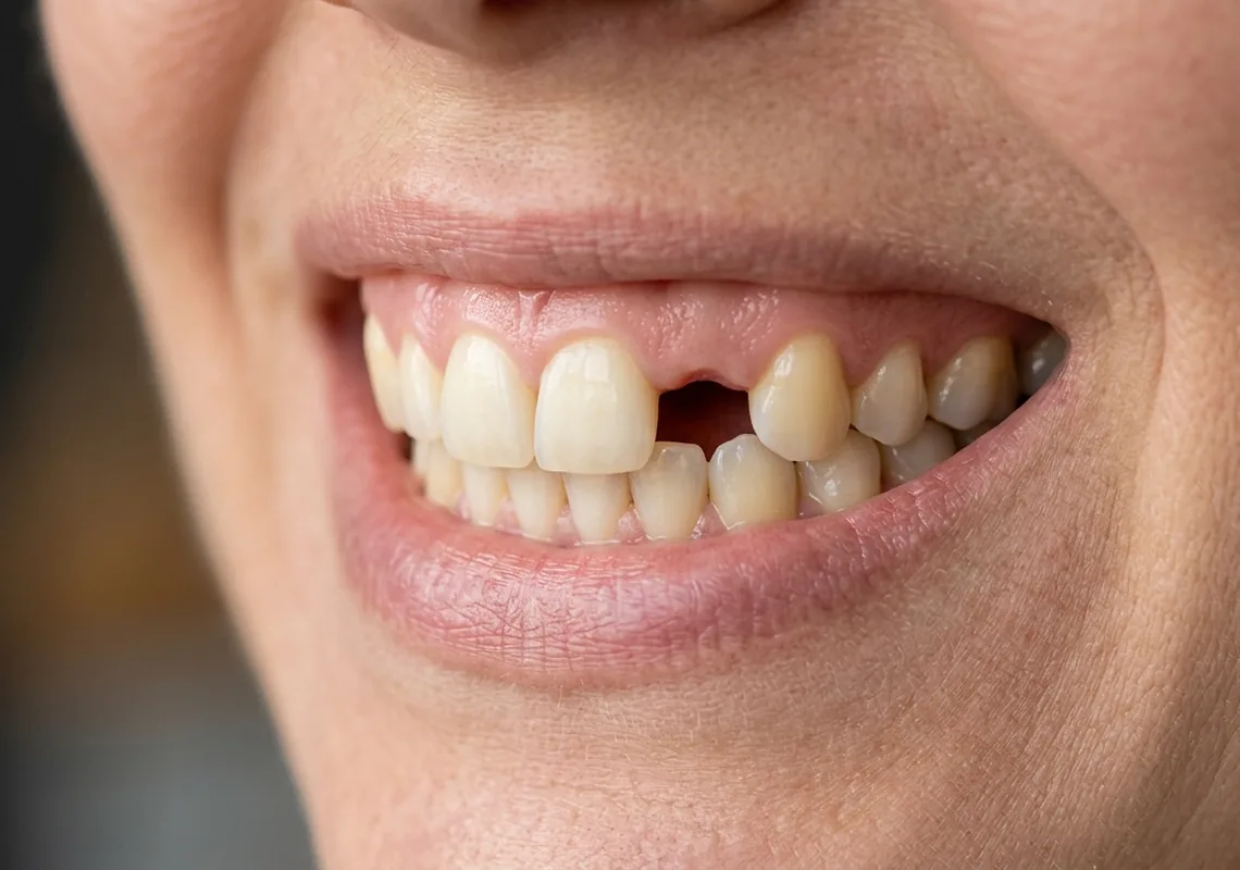 Close up of a lower tooth row with a narrow gap where one tooth is missing