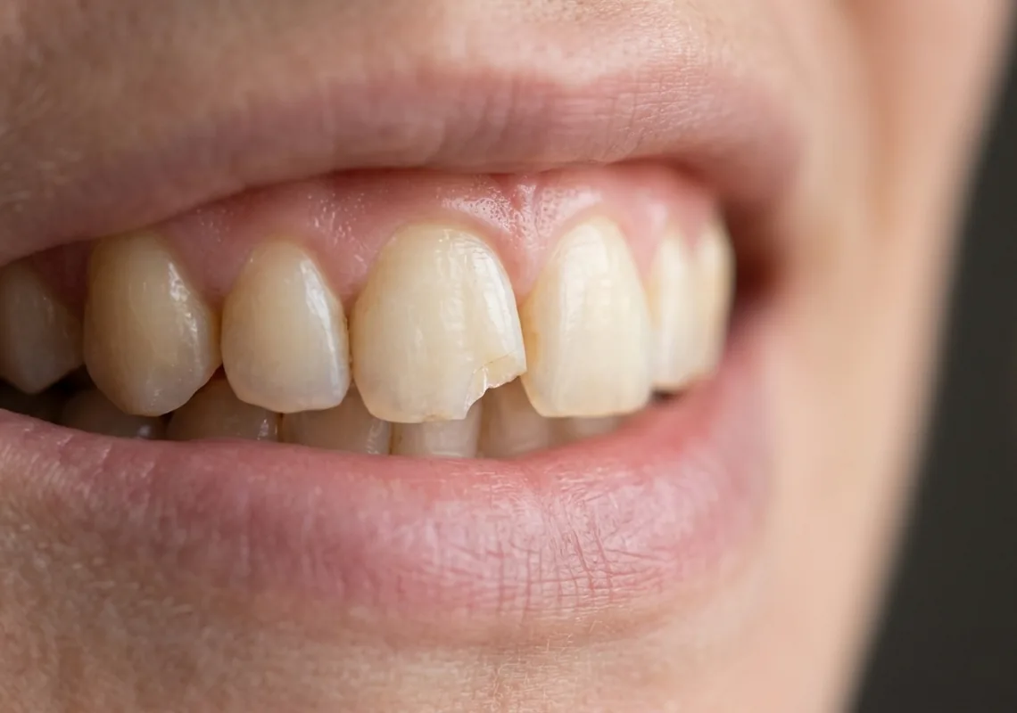 Close up of an upper front tooth with a small chip in the corner