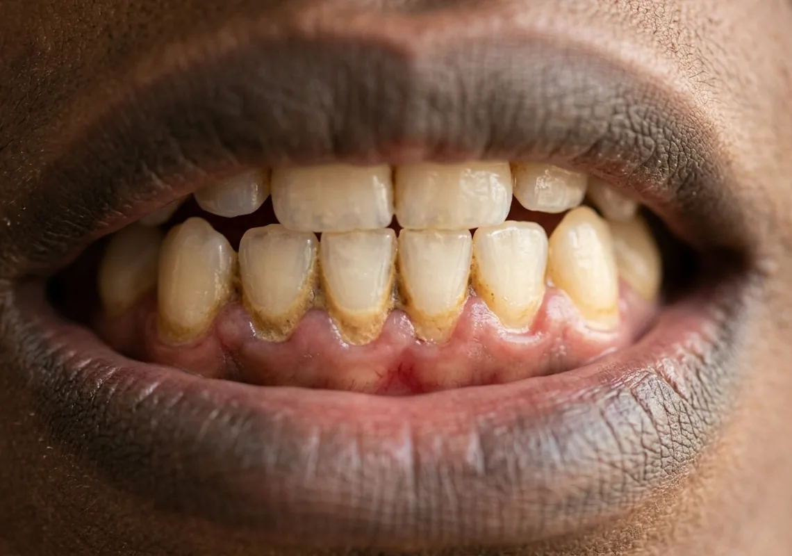 Close up of a lower tooth row with hardened build up along the gum margin