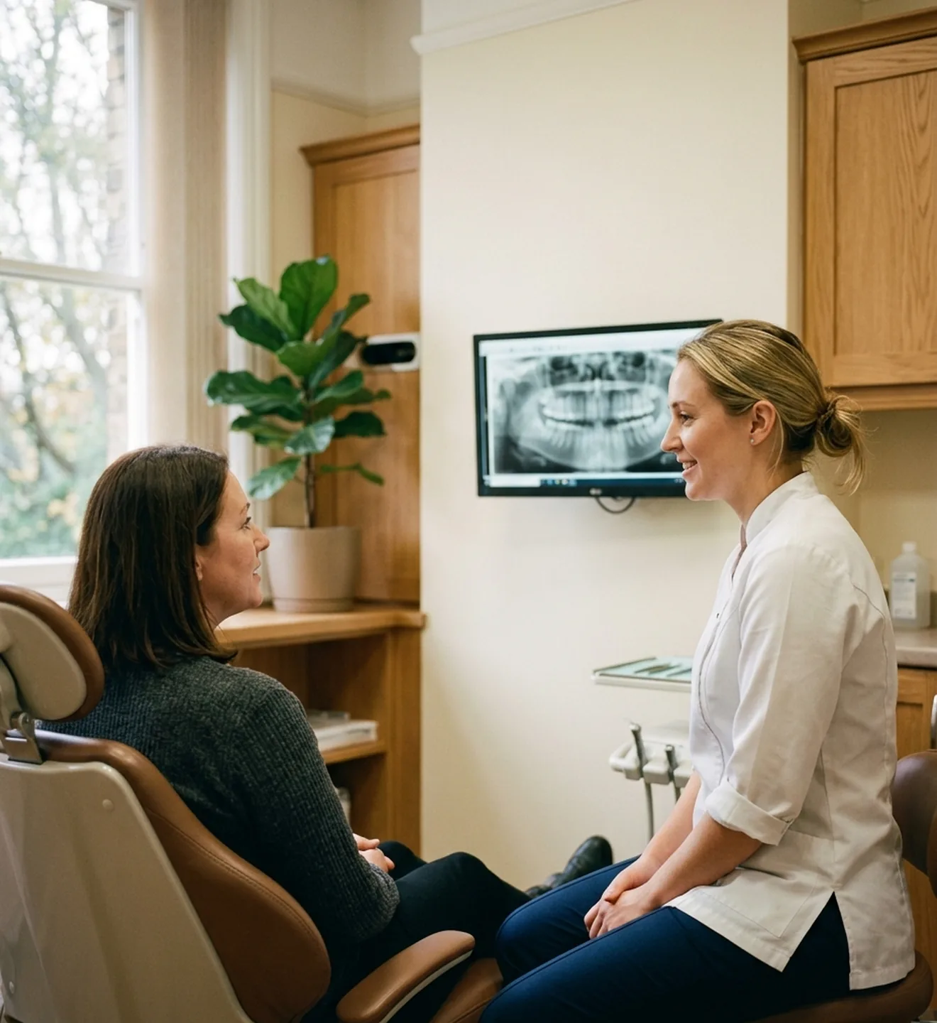 A dentist and a seated patient looking at dental imaging on a wall screen