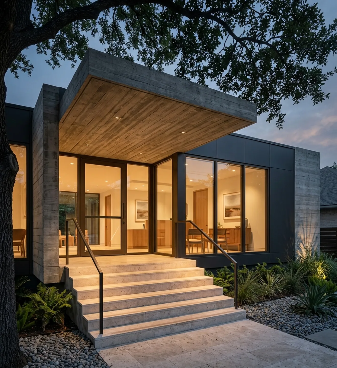 The lit concrete entrance canopy and stone steps of the studio at dusk