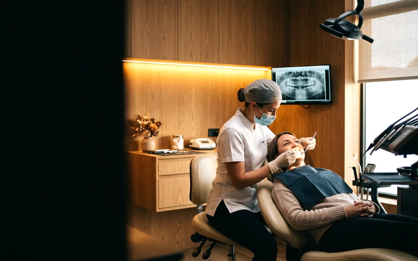 A dentist leaning in toward a relaxed patient in a warm oak lined treatment room