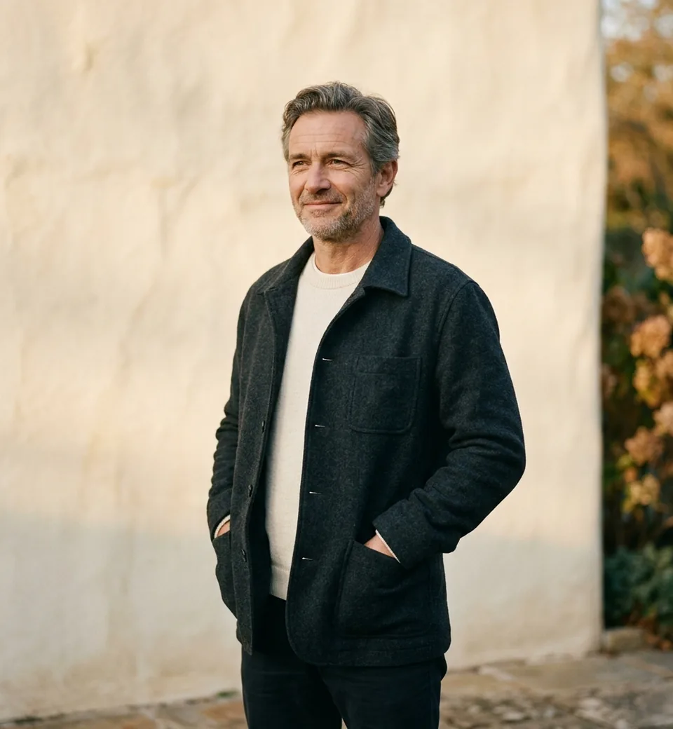 A man in his fifties standing outdoors in late afternoon light