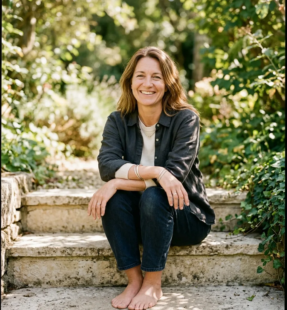 A woman sitting on a stone step in dappled sunlight