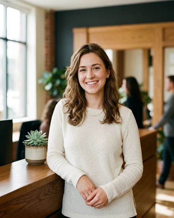 Portrait of the front desk lead at the reception joinery
