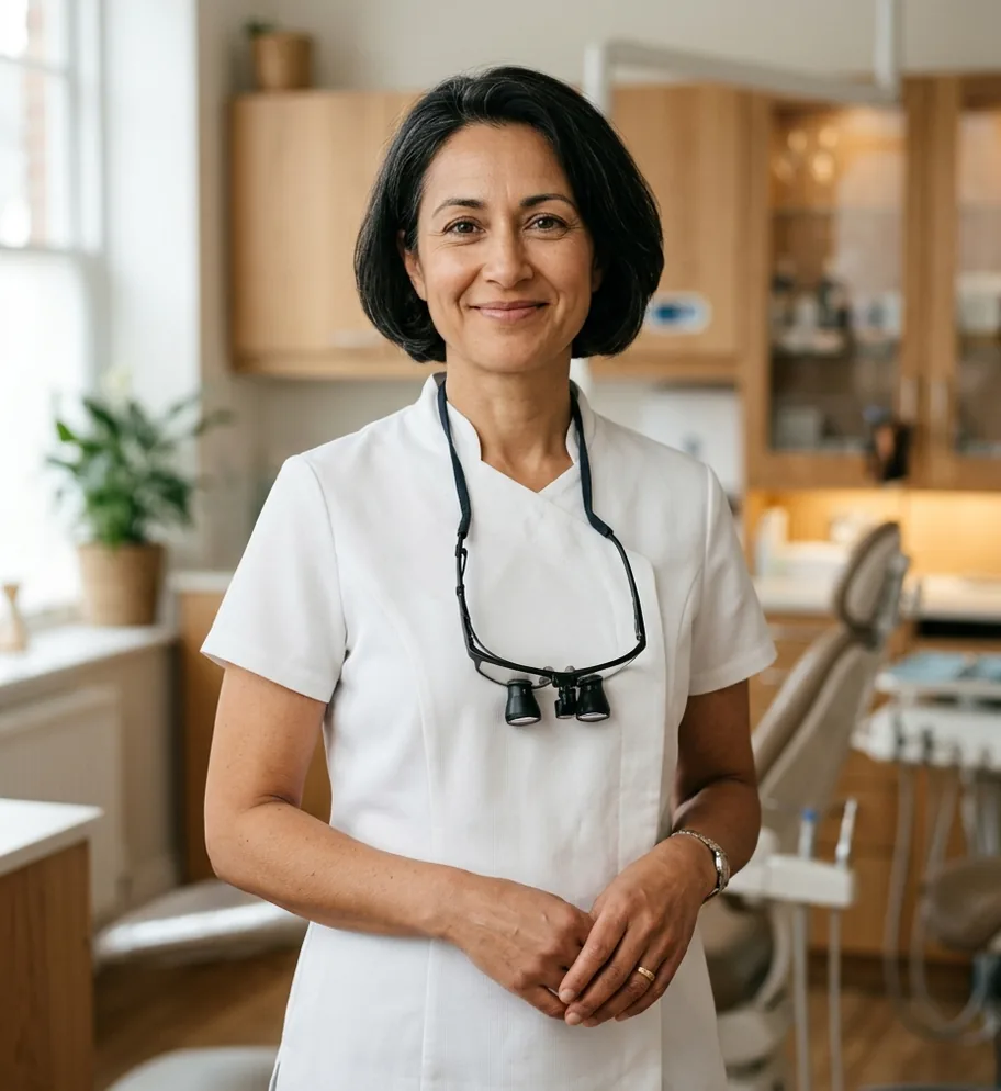 Portrait of the principal dentist in a white clinical tunic with loupes on her chest