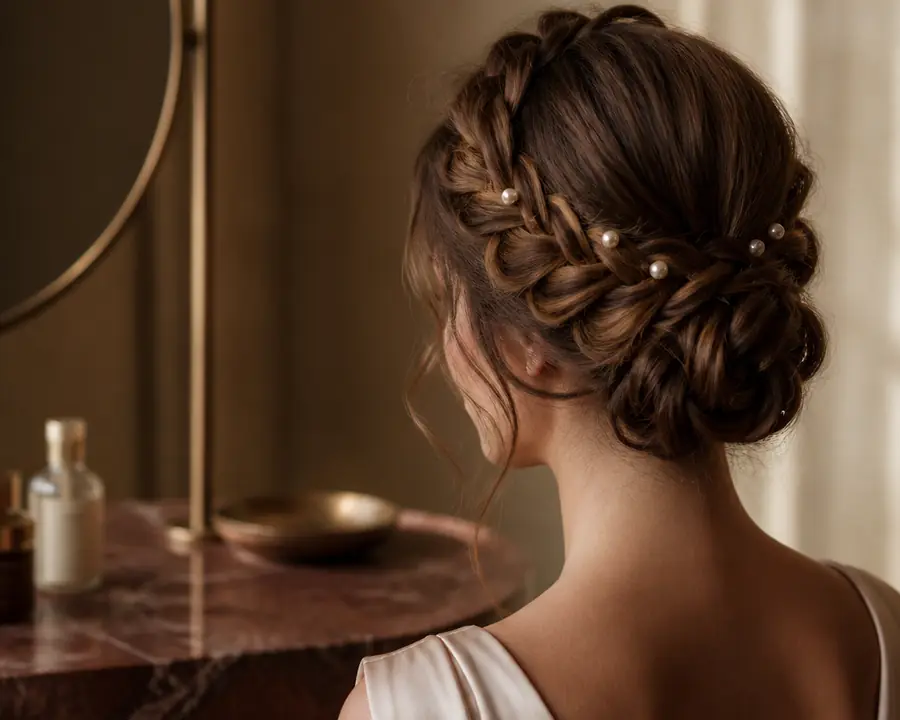 A braided updo finished with small pearl pins