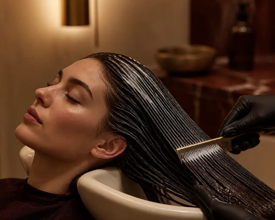 A smoothing cream being combed evenly through long hair