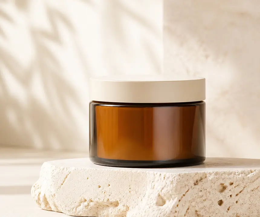 An amber treatment jar resting on a pale stone plinth