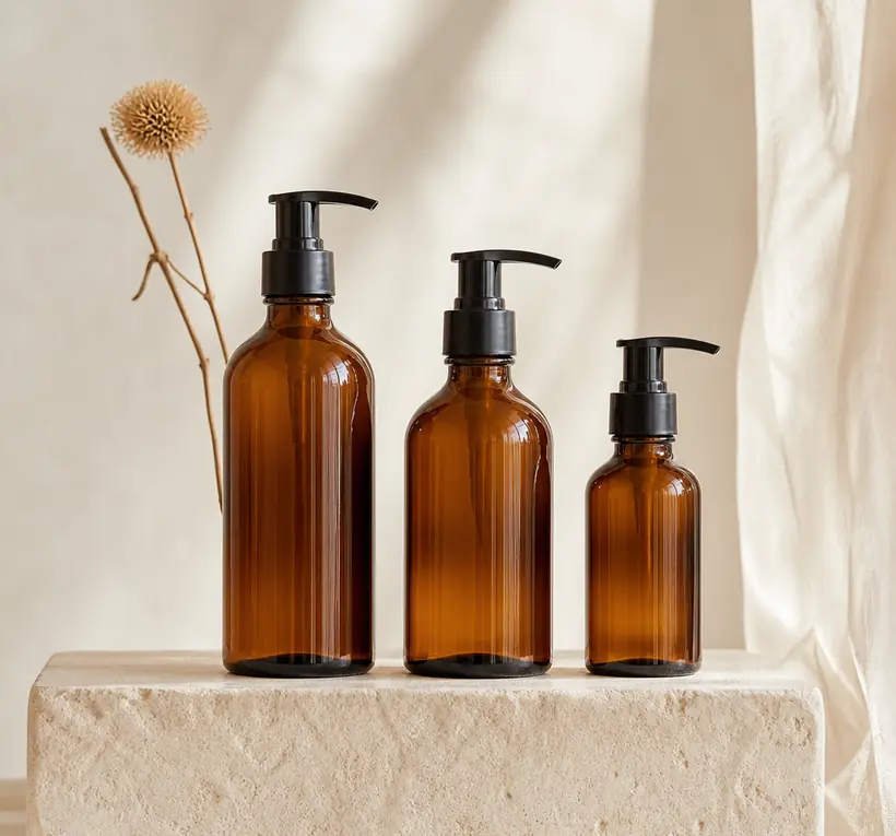 Three amber pump bottles resting on a pale stone plinth
