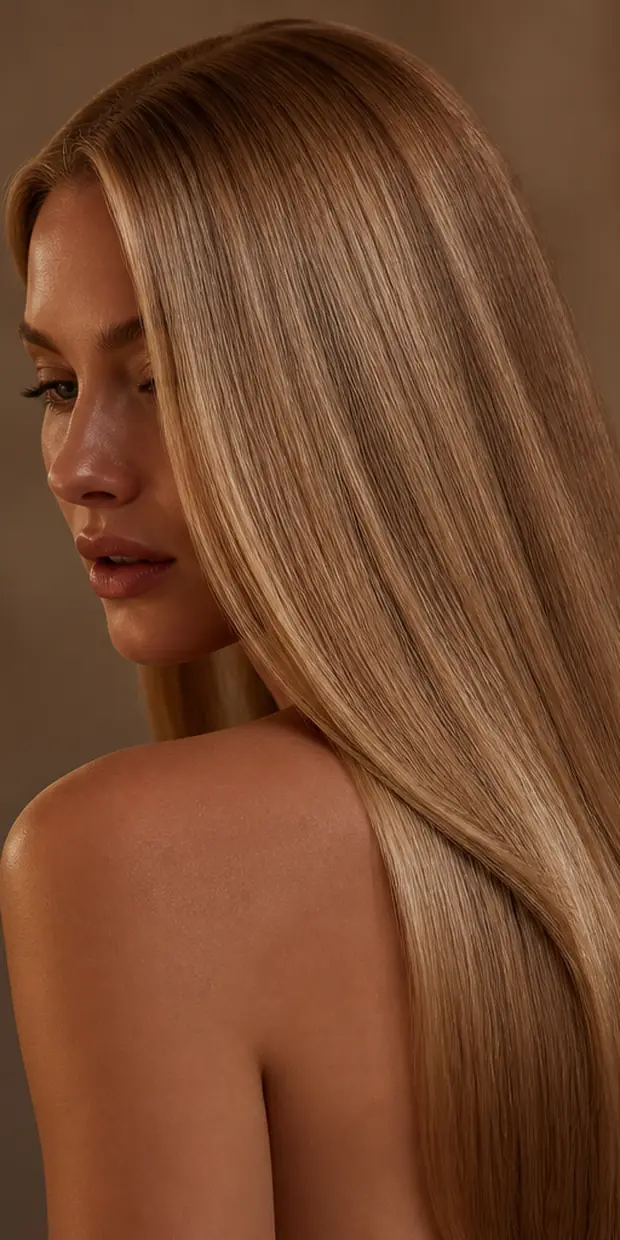 Long honey blonde hair falling over one shoulder