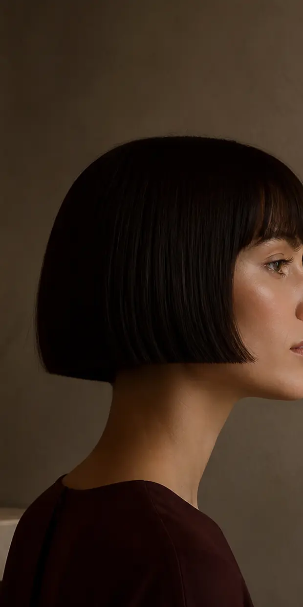 A sleek dark bob photographed in profile