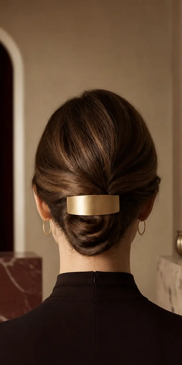 A low chignon fastened with a brushed gold clip