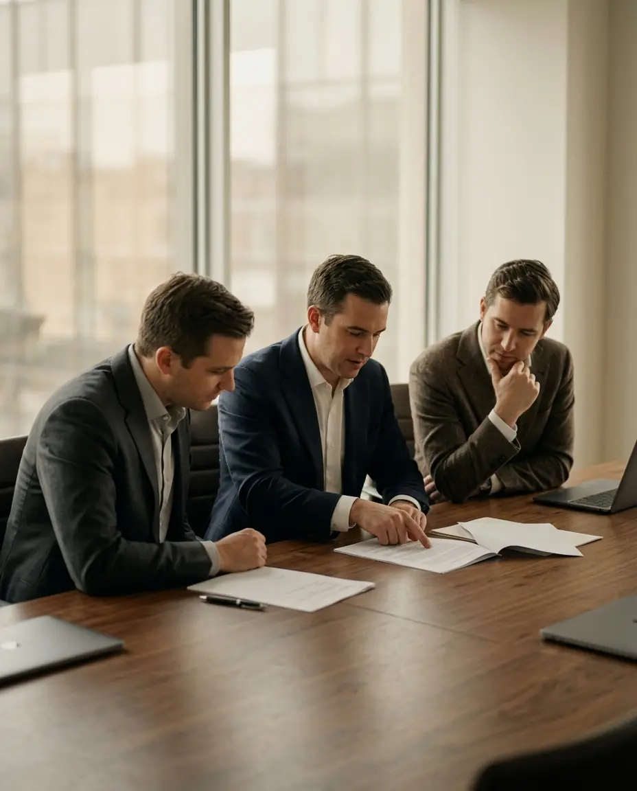 Three of our lawyers reading a draft agreement at the boardroom table