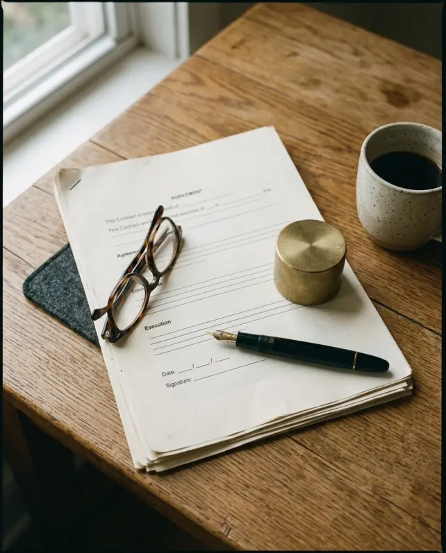 A signing desk with a fountain pen resting on a marked up contract
