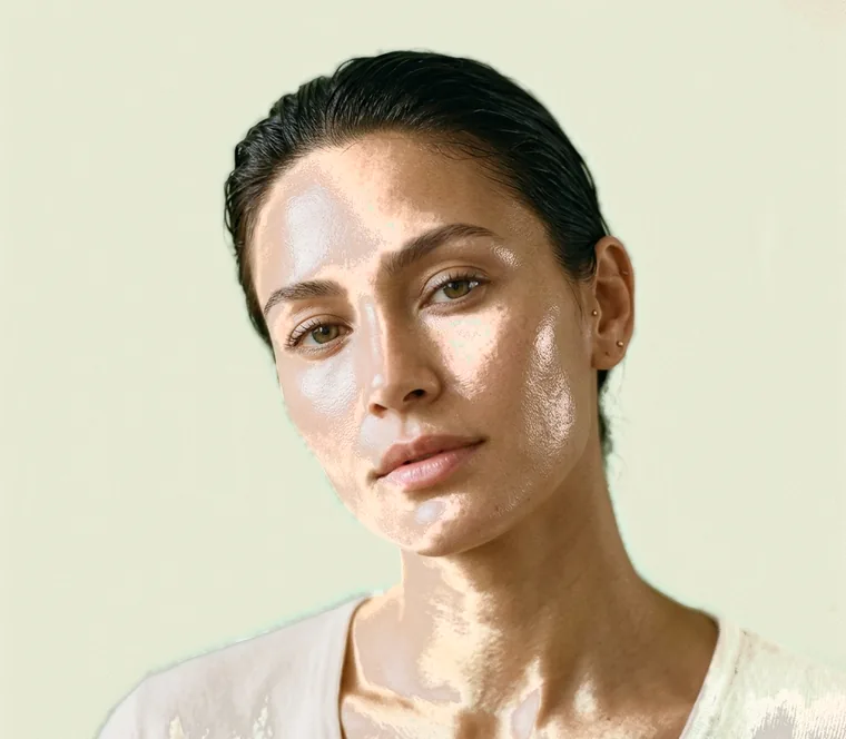 Client resting a hand under her chin after a facial, skin bare and luminous