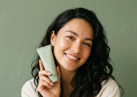 Client holding an unlabelled pale green tube beside her cheek