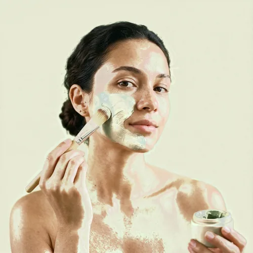 Client brushing a thin layer of clay mask across one cheek