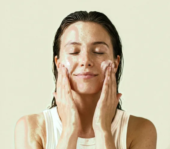 Client pressing moisturiser into both cheeks with her eyes closed