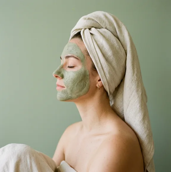 Client in profile with a green clay mask drying and a linen wrap on her hair