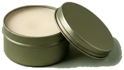 Round olive metal tin with the lid resting against it