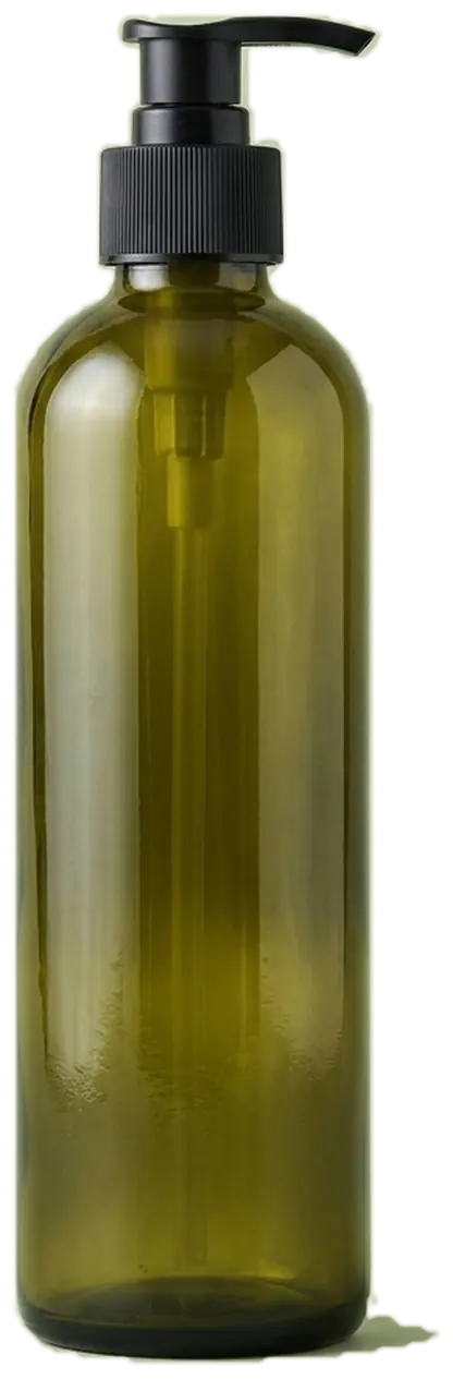 Olive glass bottle with a black pump dispenser