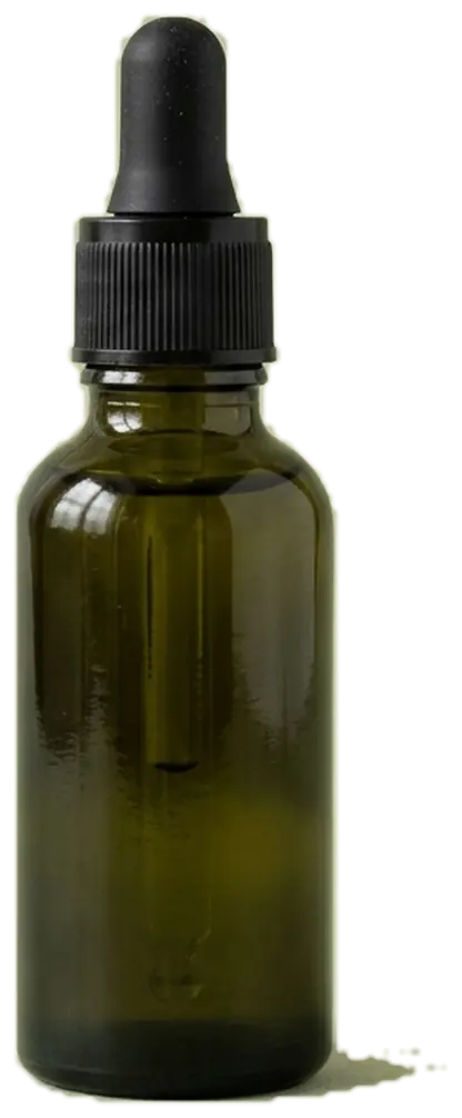 Dark olive glass bottle with a black dropper cap
