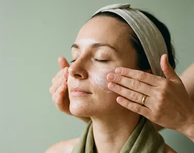 Two hands working cream into a client's cheekbones