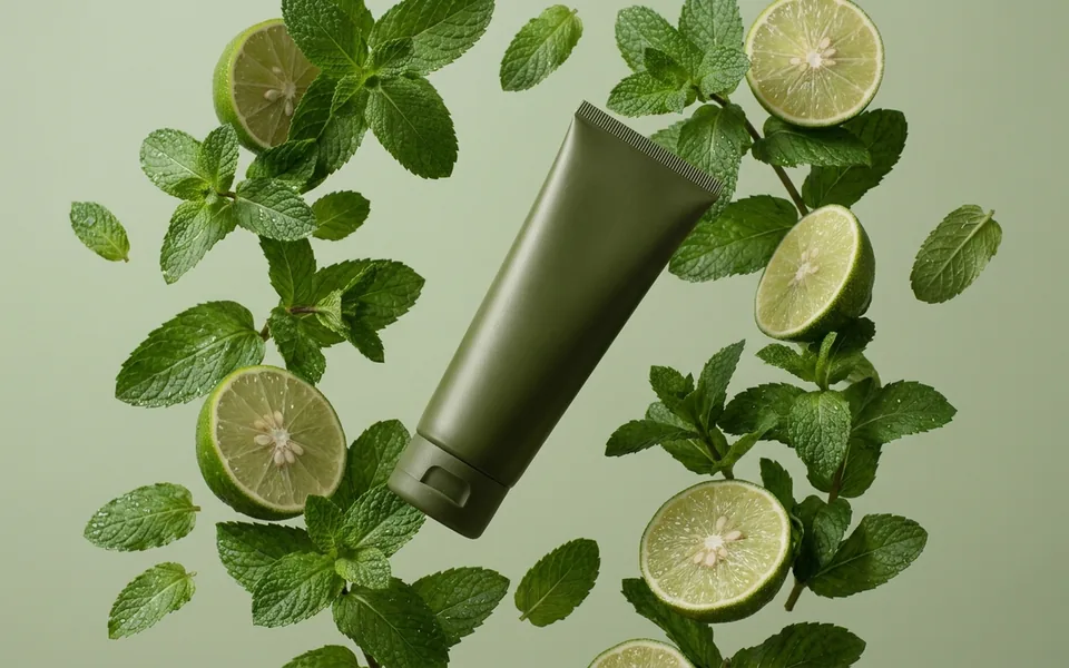 Unlabelled olive tube suspended among mint leaves and halved limes