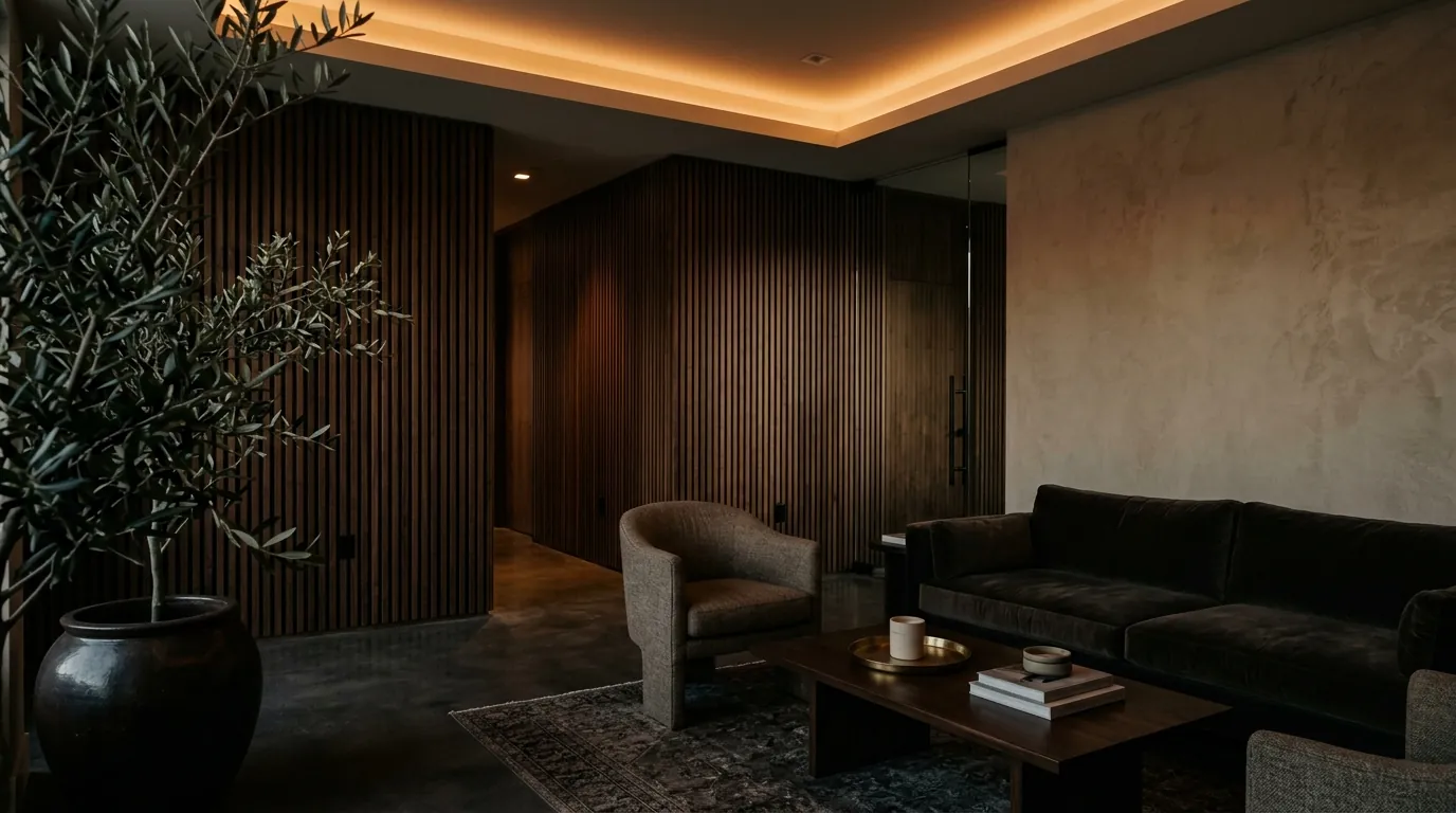 Dim, calm clinic lounge with walnut slatted walls and an olive tree