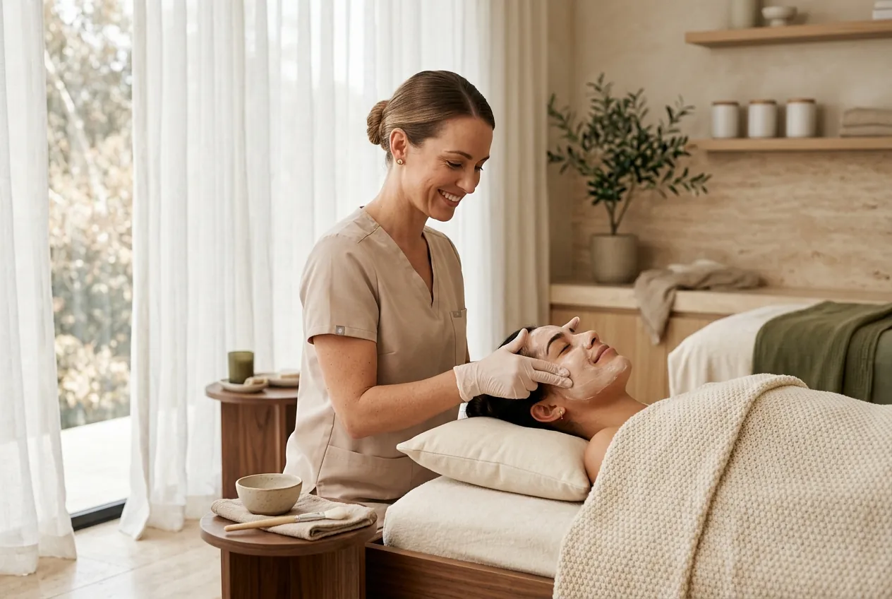 A nurse gently applying a hydrating mask for a relaxed client