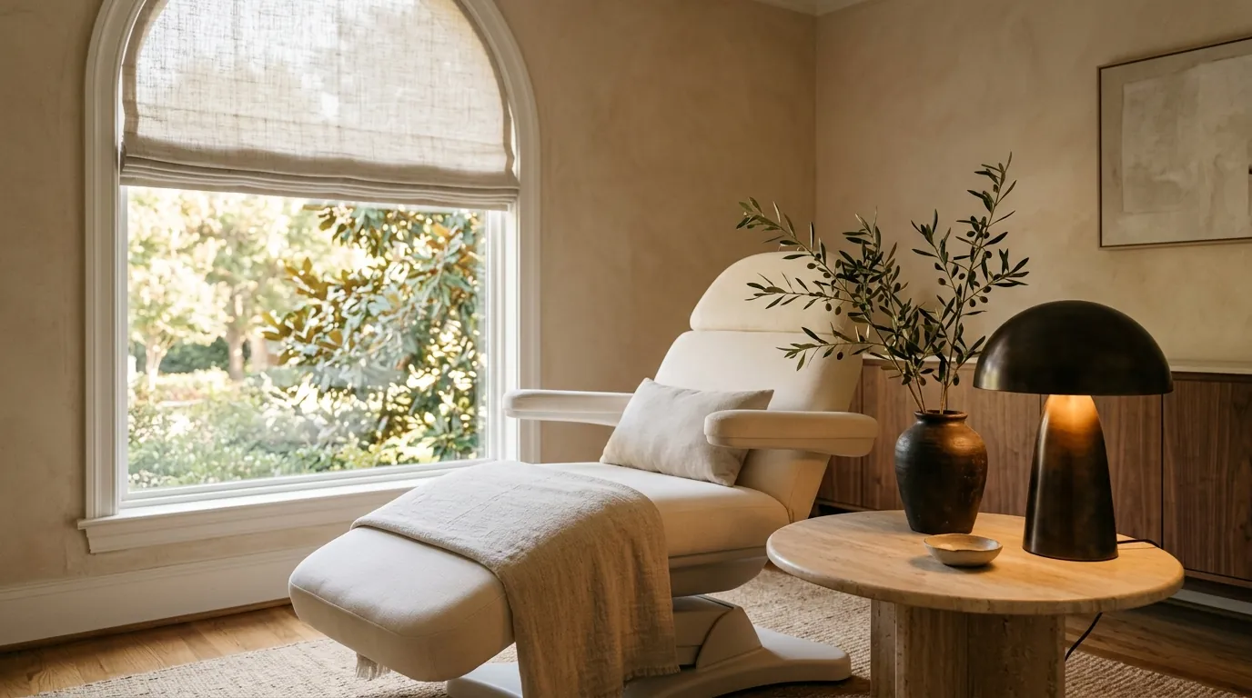 Calm treatment room with a cream chair beside an arched window