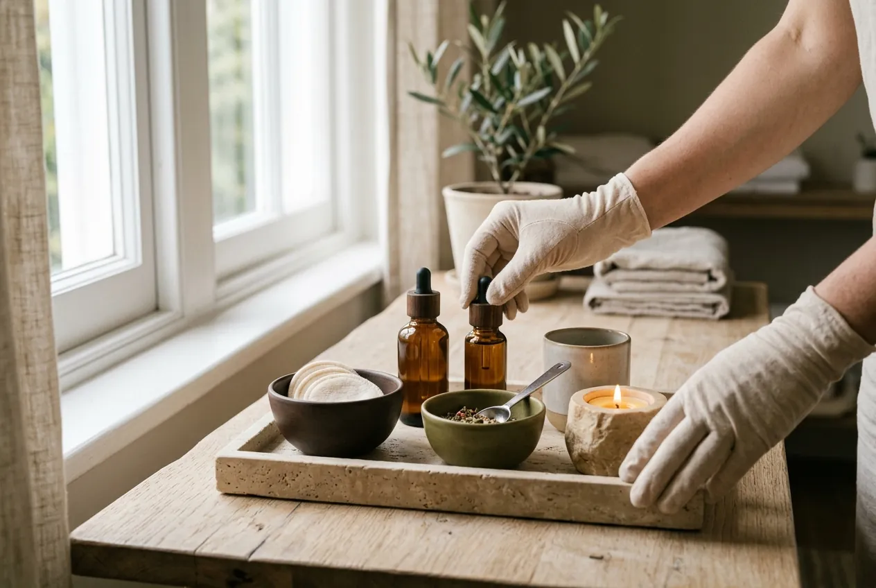 Gloved hands arranging a treatment tray with unlabeled bottles and a candle