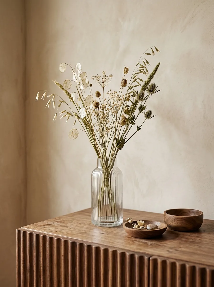 Dried wildflowers in a glass vase on a walnut sideboard
