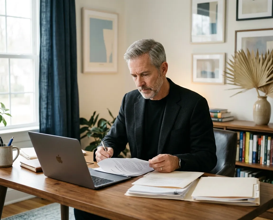 Attorney reviewing papers beside a laptop