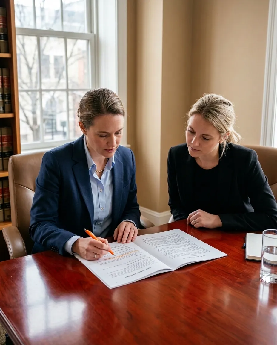 An attorney reviewing a contract with a colleague at a wooden desk